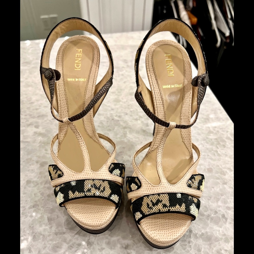 FENDI Embossed Leather & Sequin T-Strap Platform Heels
